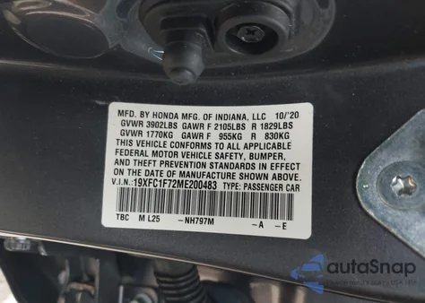 2021 Honda Civic Ex-L из США, поврежденный, VIN 19XFC1F72ME200483